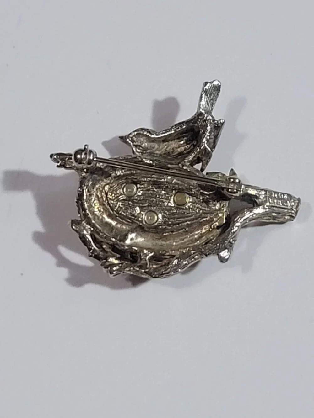 Anson Mama Bird Nest Brooch Rhinestones Sterling Silver Vintage Birthstones